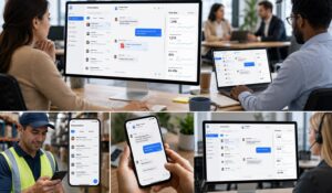 Diverse teams using desktop and mobile messaging dashboards for text messaging to communicate with employees across office and frontline environments.
