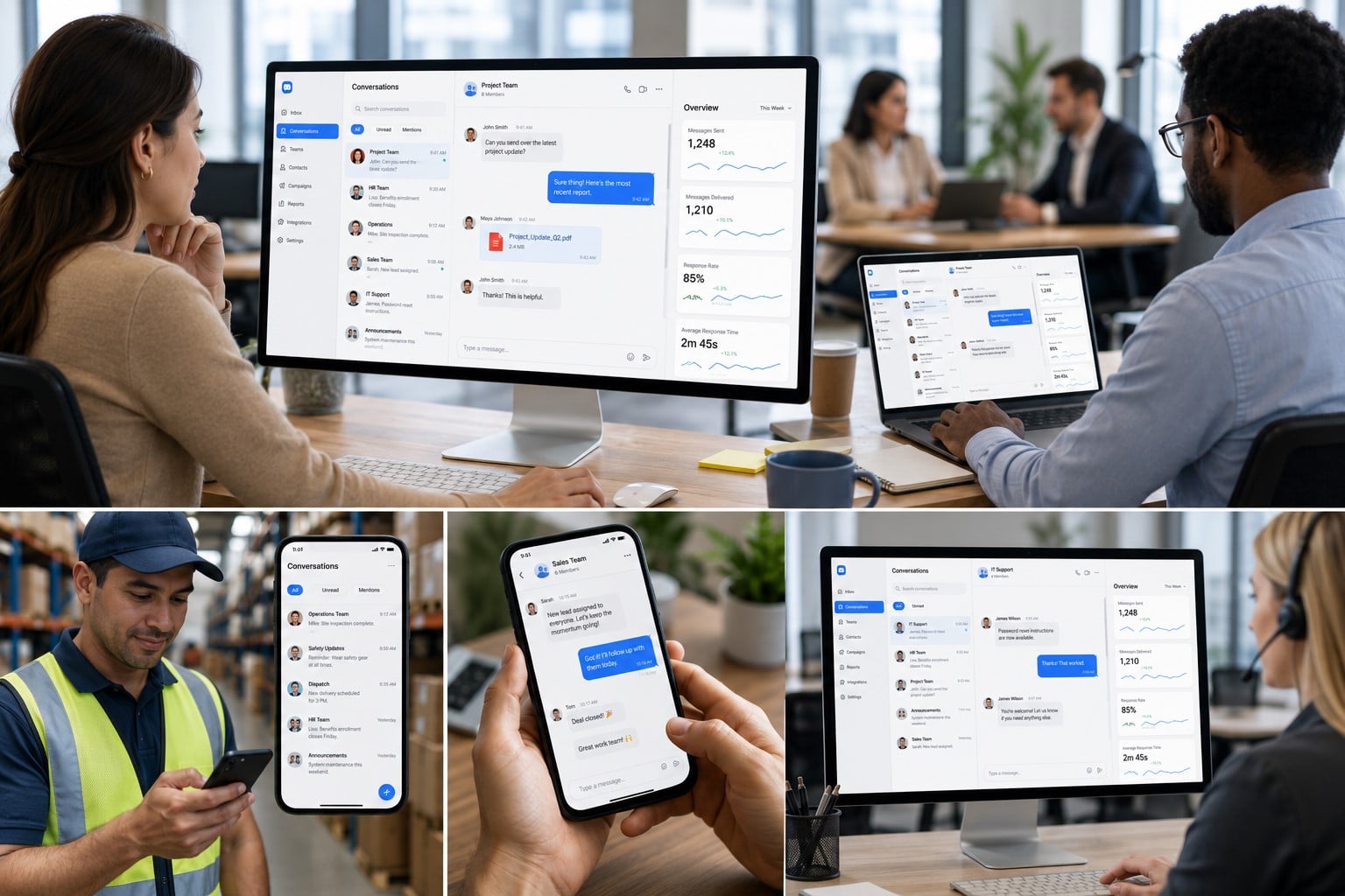 Diverse teams using desktop and mobile messaging dashboards for text messaging to communicate with employees across office and frontline environments.