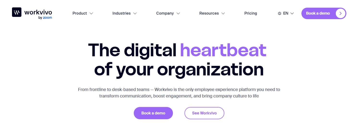 Workvivo software homepage showing employee experience platform for internal communication, engagement, and company culture.