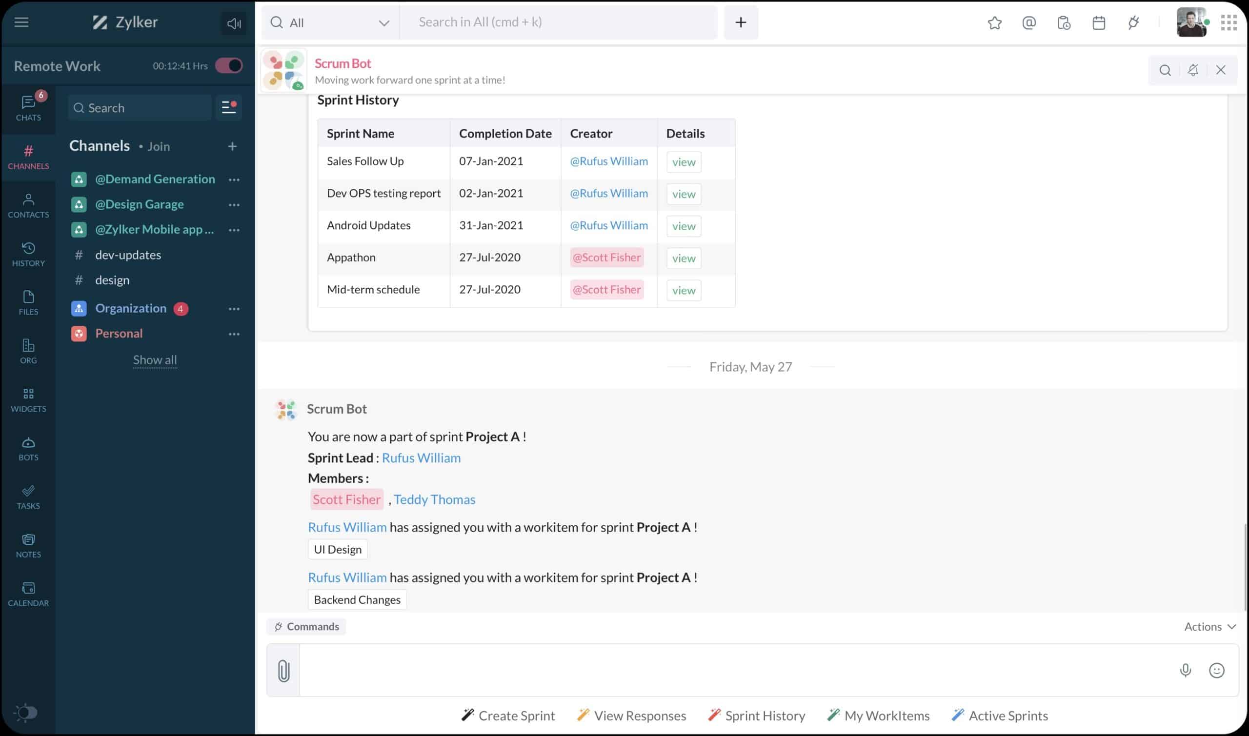 Zoho Cliq collaboration platform showing team chats, sprint management, task updates, and project communication for remote work teams.