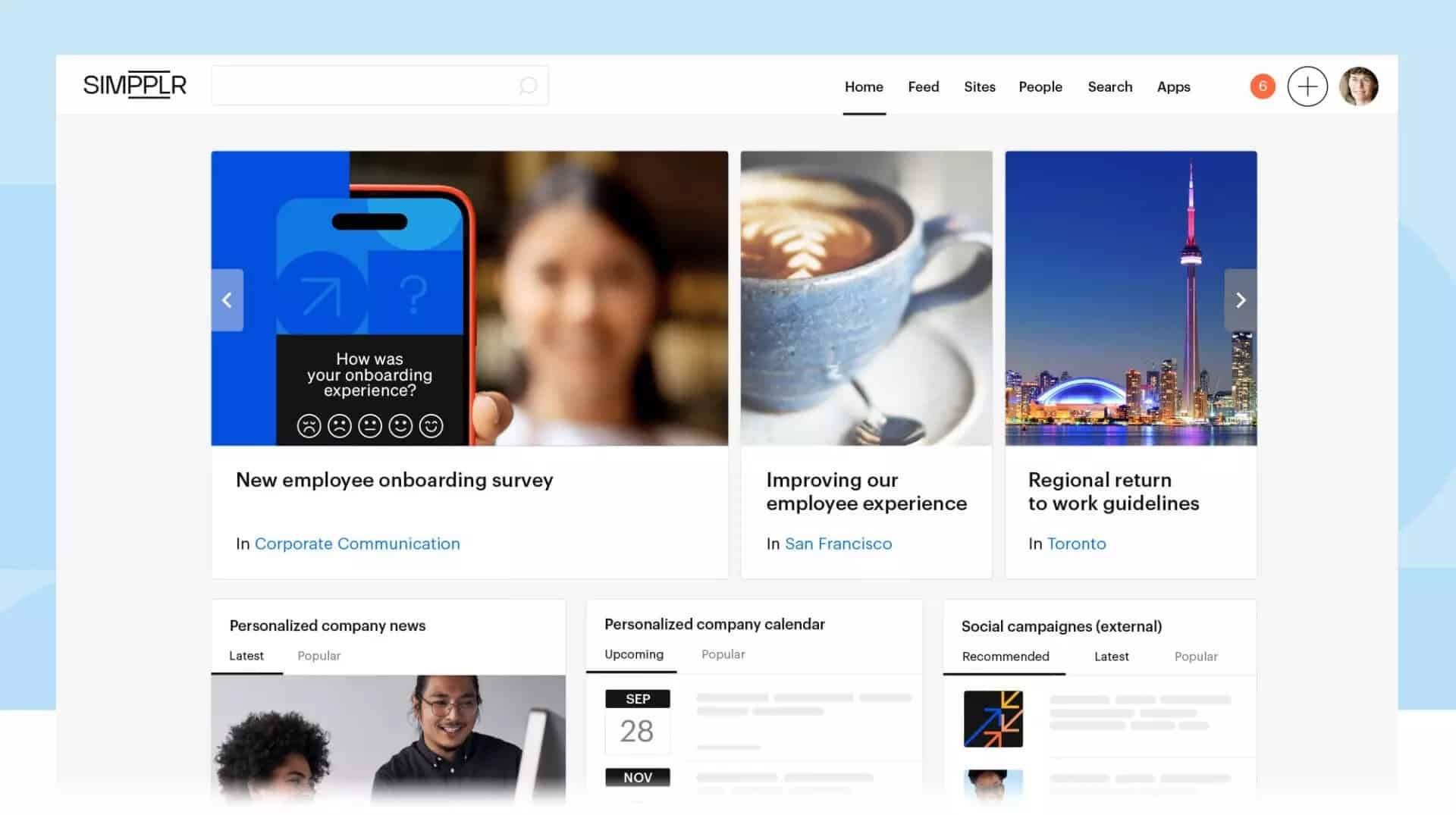 Simpplr intranet dashboard displaying personalized company news, onboarding survey, employee experience updates, regional announcements, and social campaigns within a modern employee experience platform.