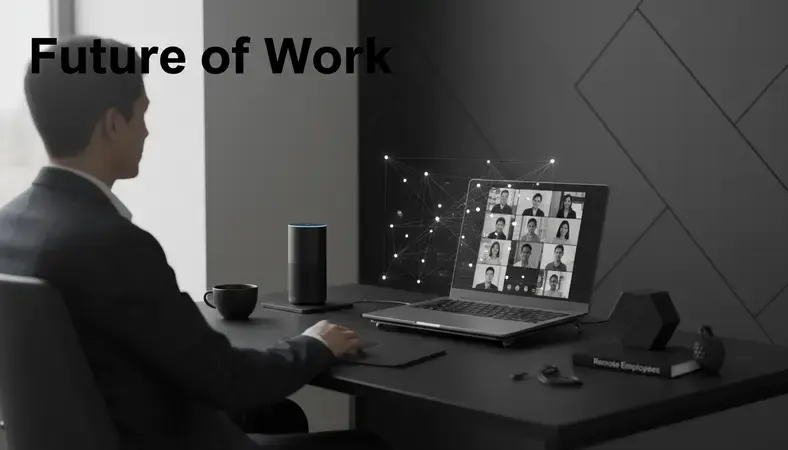 Professional working remotely from home office with laptop and video conference setup