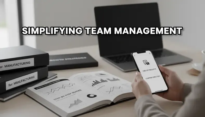 Employee using mobile device to access portal features like time-off requests and company directory