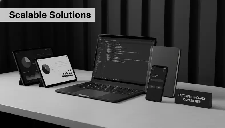 Dashboard showing workforce analytics and scheduling tools with mobile device displaying employee self-service options