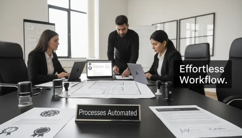 Team meeting discussing employee portal implementation with laptops and planning documents