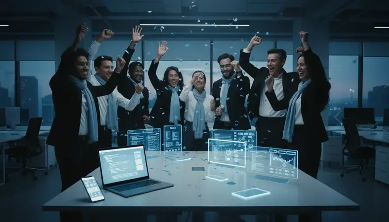 Professional workplace showing diverse employees celebrating achievements together