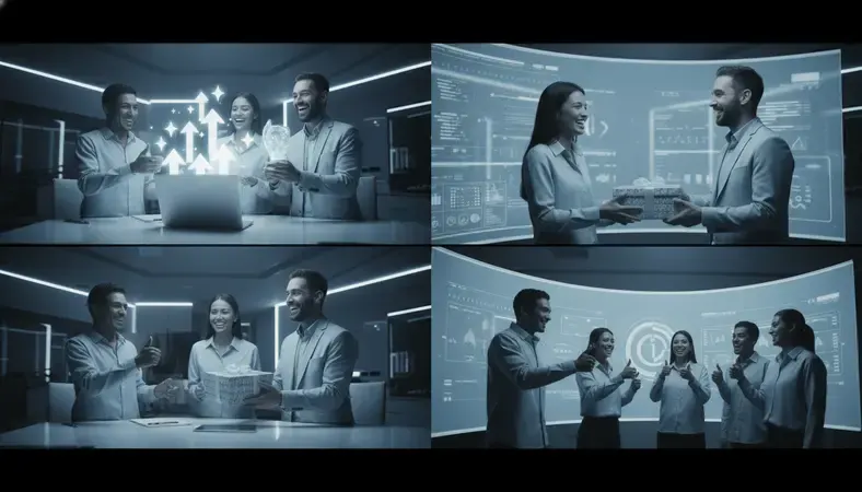 Happy employees in various workplace settings showing appreciation and recognition