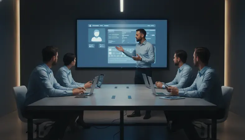 Training session showing manager demonstrating scheduling software to team members