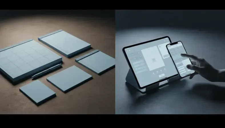 Split screen showing traditional paper schedule versus modern digital scheduling interface with mobile notifications