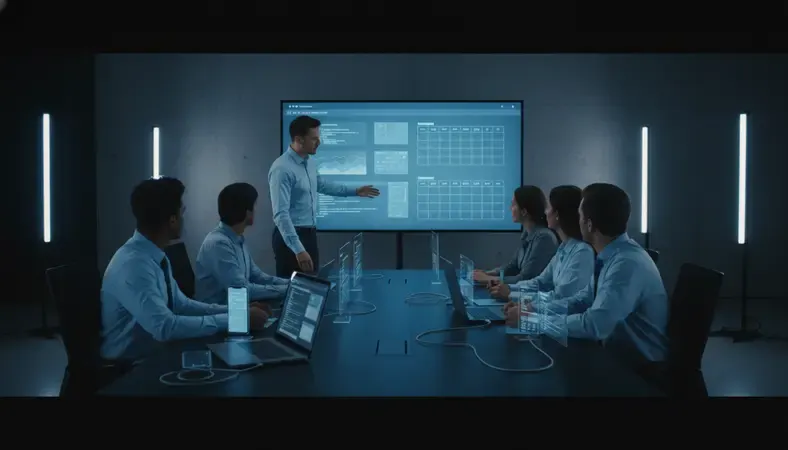 Training session showing manager demonstrating scheduling software to team of employees around conference table