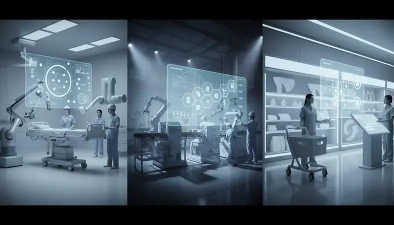 Collage showing different workplace environments - hospital, factory floor, and retail store - each with scheduling interfaces tailored to their needs