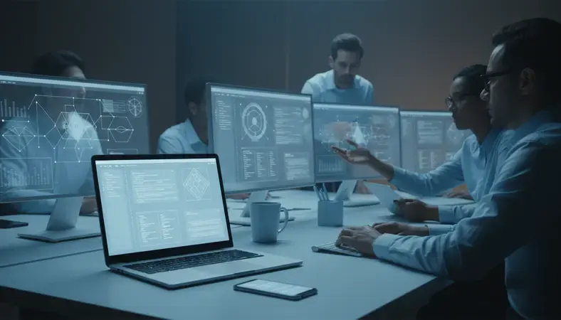 Modern office workspace showing team collaboration tools on multiple screens with diverse professionals working together
