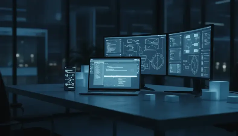 Modern office workspace with multiple screens showing team collaboration software interfaces