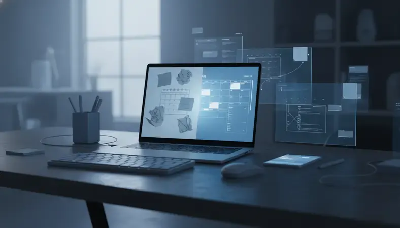 Split screen showing chaotic paper schedules versus organized digital scheduling interface