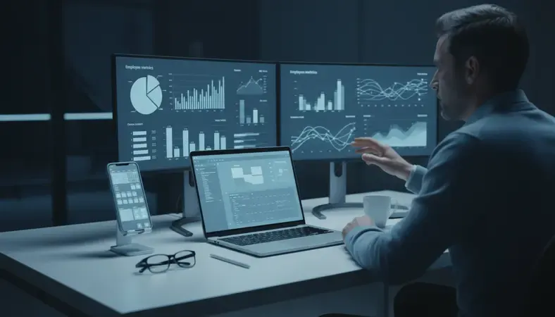 Business manager analyzing scheduling data on multiple screens showing employee metrics