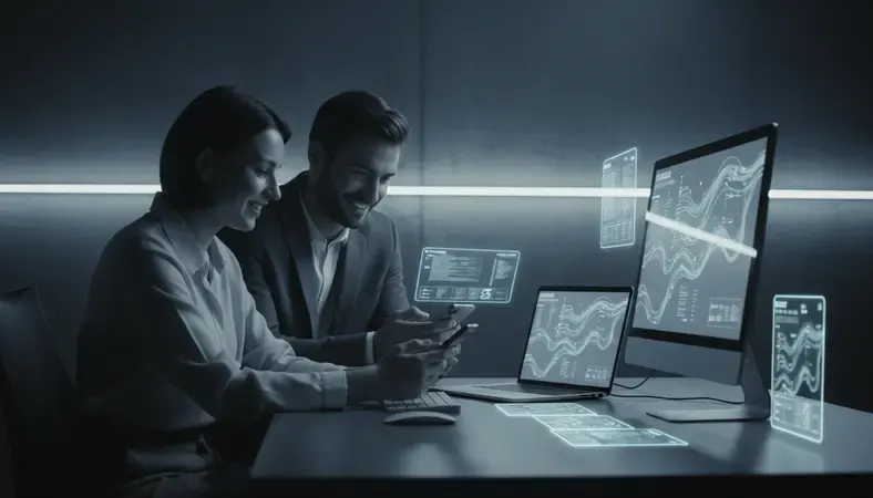 Happy employees checking their mobile phones with shift schedules in a modern workplace setting