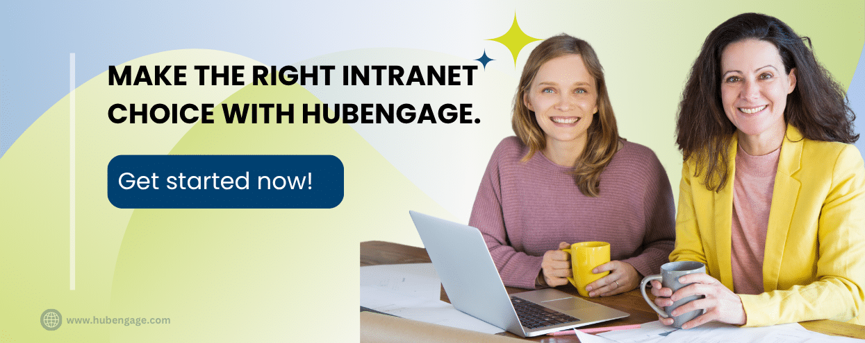 Intranet design with HubEngage, featuring professionals collaborating with a laptop and call-to-action button.