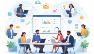 Cross team collaboration illustration showing diverse teams communicating and working together digitally on shared dashboards.