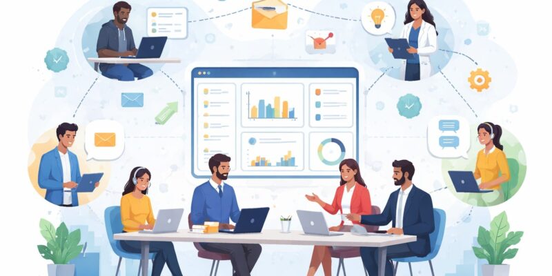 Cross team collaboration illustration showing diverse teams communicating and working together digitally on shared dashboards.