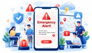 mobile showing emergency text message alert on screen and all employees are looking at their mobile screens.