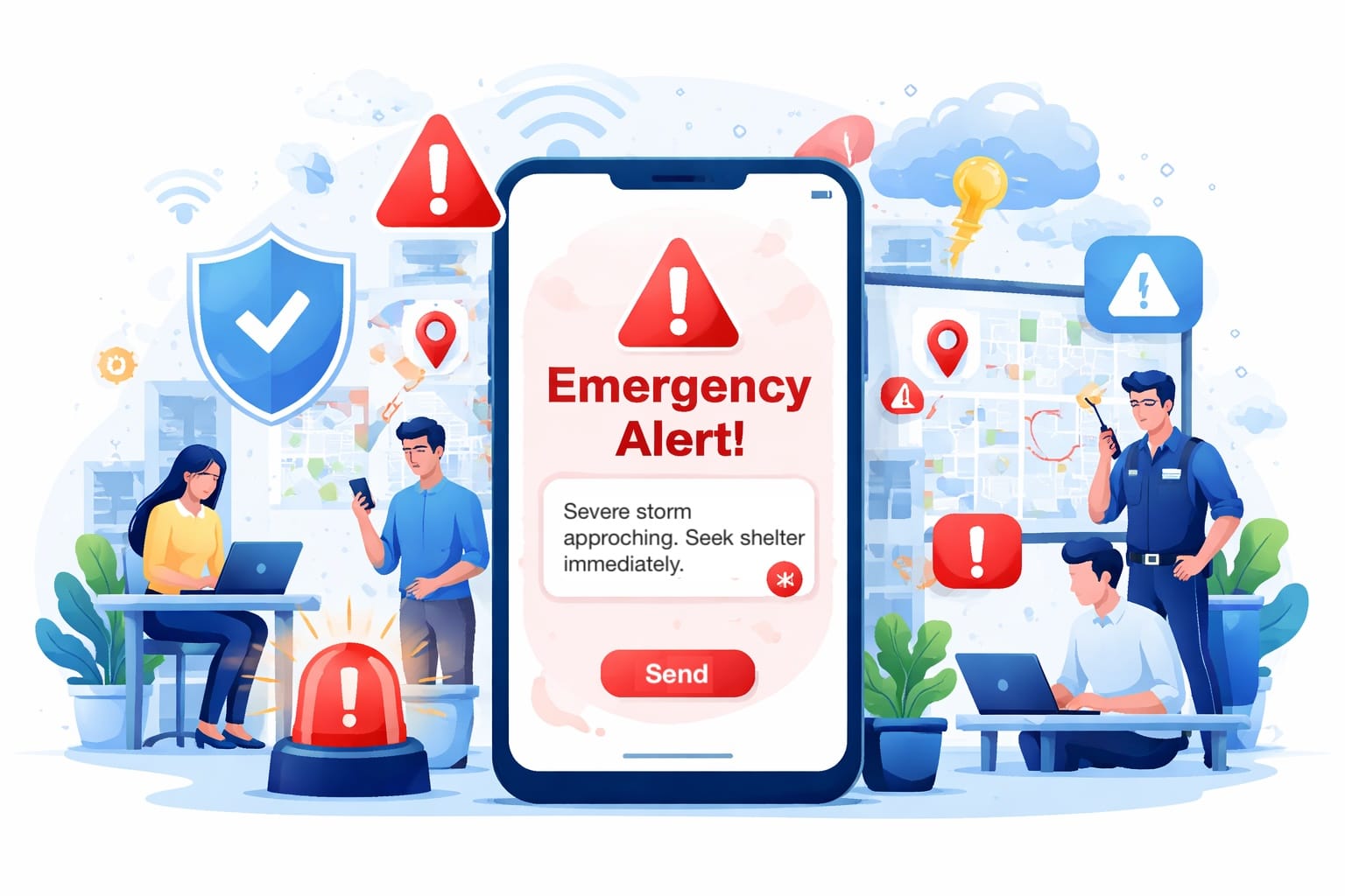 mobile showing emergency text message alert on screen and all employees are looking at their mobile screens.
