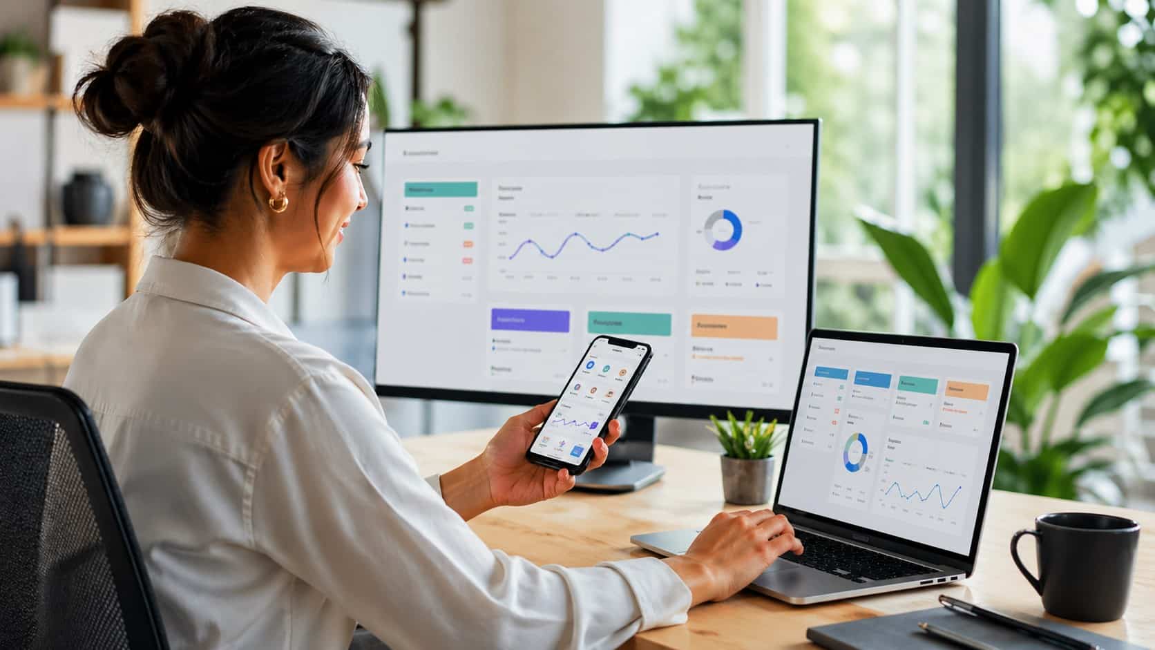 Employee using an Employee Experience Platform dashboard across laptop, desktop, and mobile devices in a modern workspace