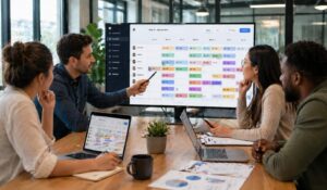 Team collaborating in a modern office using employee scheduling programs on a shared dashboard to manage work schedules efficiently.