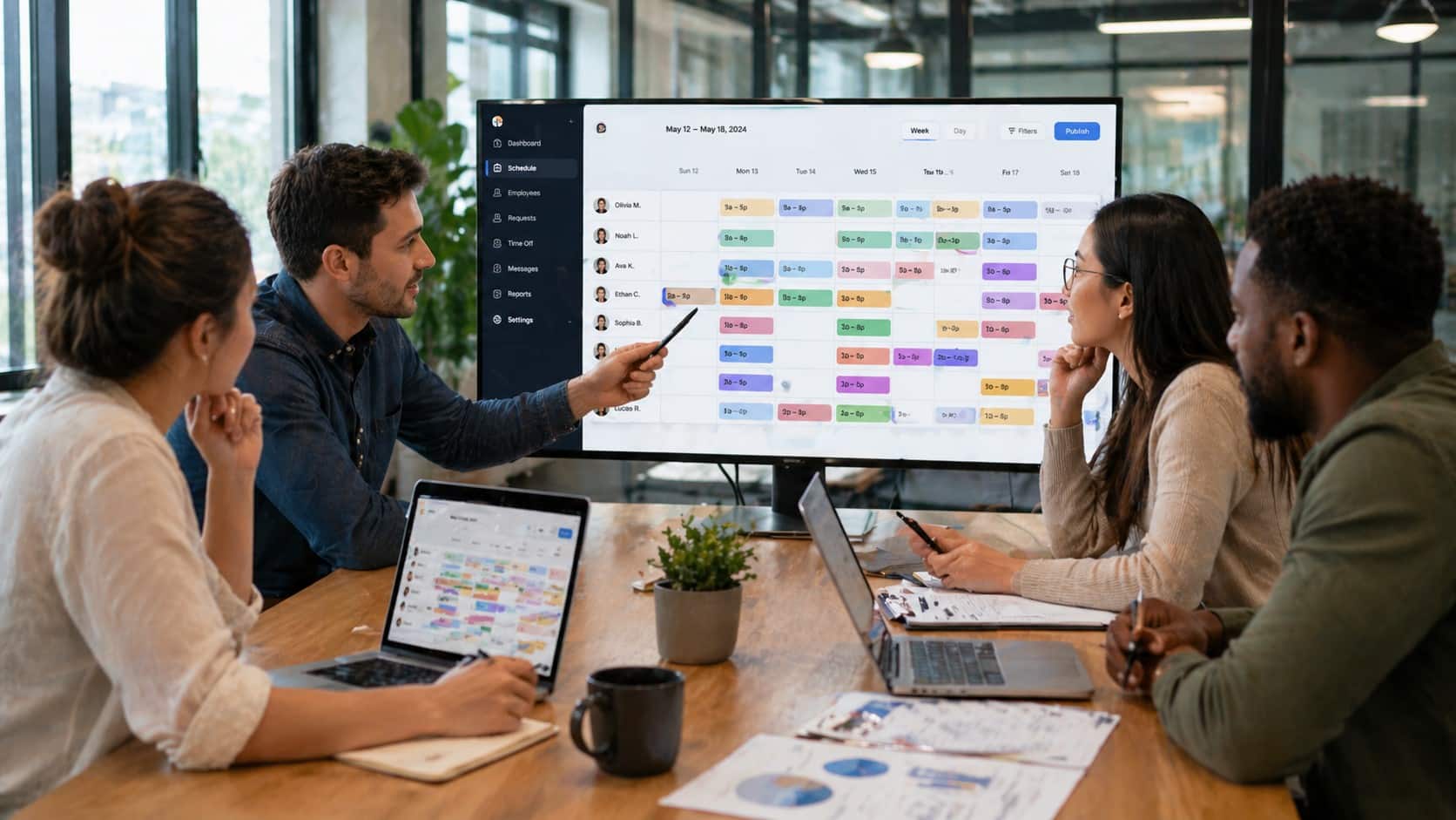 Team collaborating in a modern office using employee scheduling programs on a shared dashboard to manage work schedules efficiently.