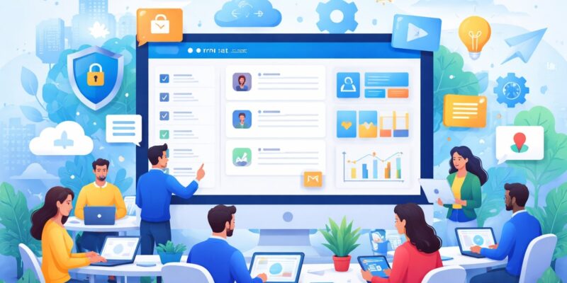 Illustration showing employees collaborating on a digital platform demonstrating the Benefits of Intranet for communication, collaboration, and productivity.