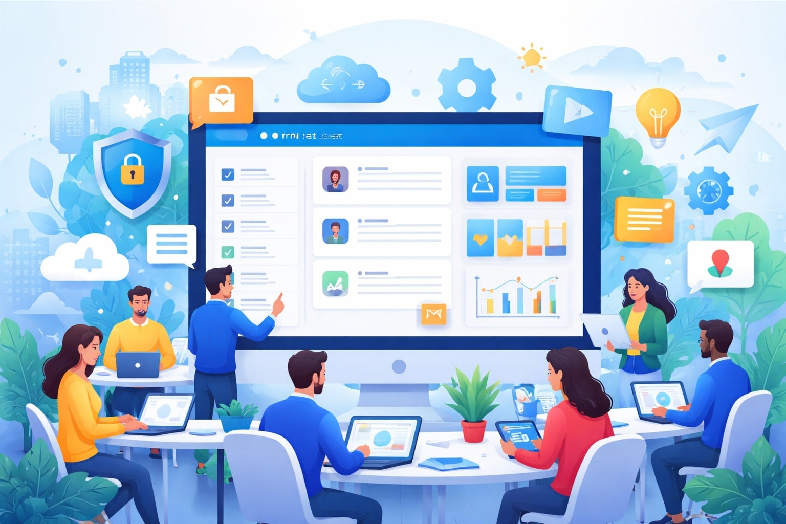 Illustration showing employees collaborating on a digital platform demonstrating the Benefits of Intranet for communication, collaboration, and productivity.