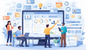 collaborative workspace showcasing intranet design with team members interacting with dashboards, analytics, and communication tools.