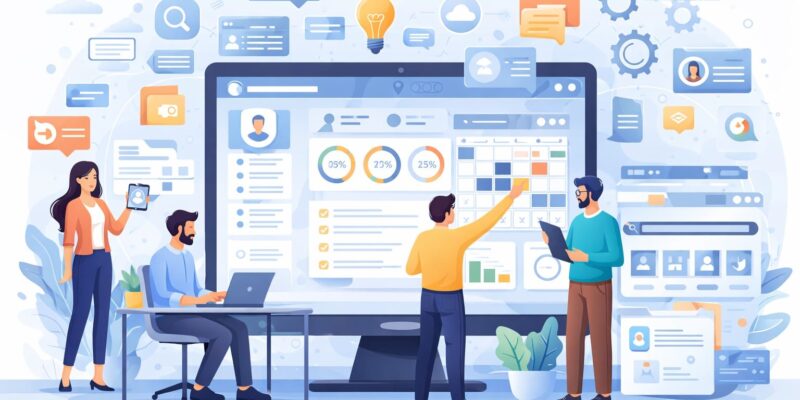 collaborative workspace showcasing intranet design with team members interacting with dashboards, analytics, and communication tools.