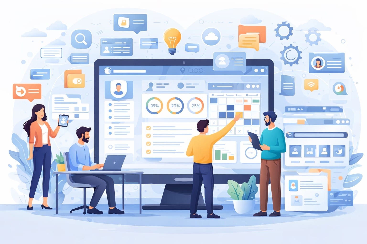 collaborative workspace showcasing intranet design with team members interacting with dashboards, analytics, and communication tools.