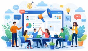 Best intranet practices illustrated with employees collaborating on a modern intranet communication dashboard.