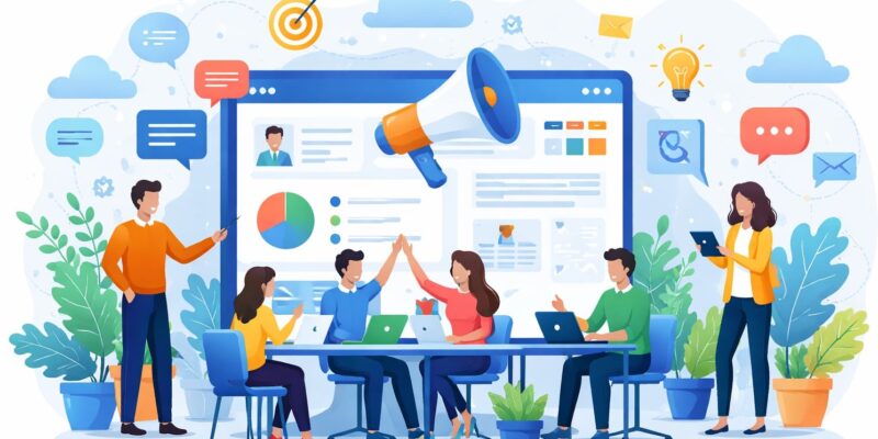 Best intranet practices illustrated with employees collaborating on a modern intranet communication dashboard.