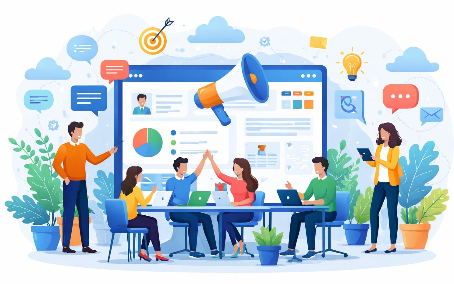 Best intranet practices illustrated with employees collaborating on a modern intranet communication dashboard.