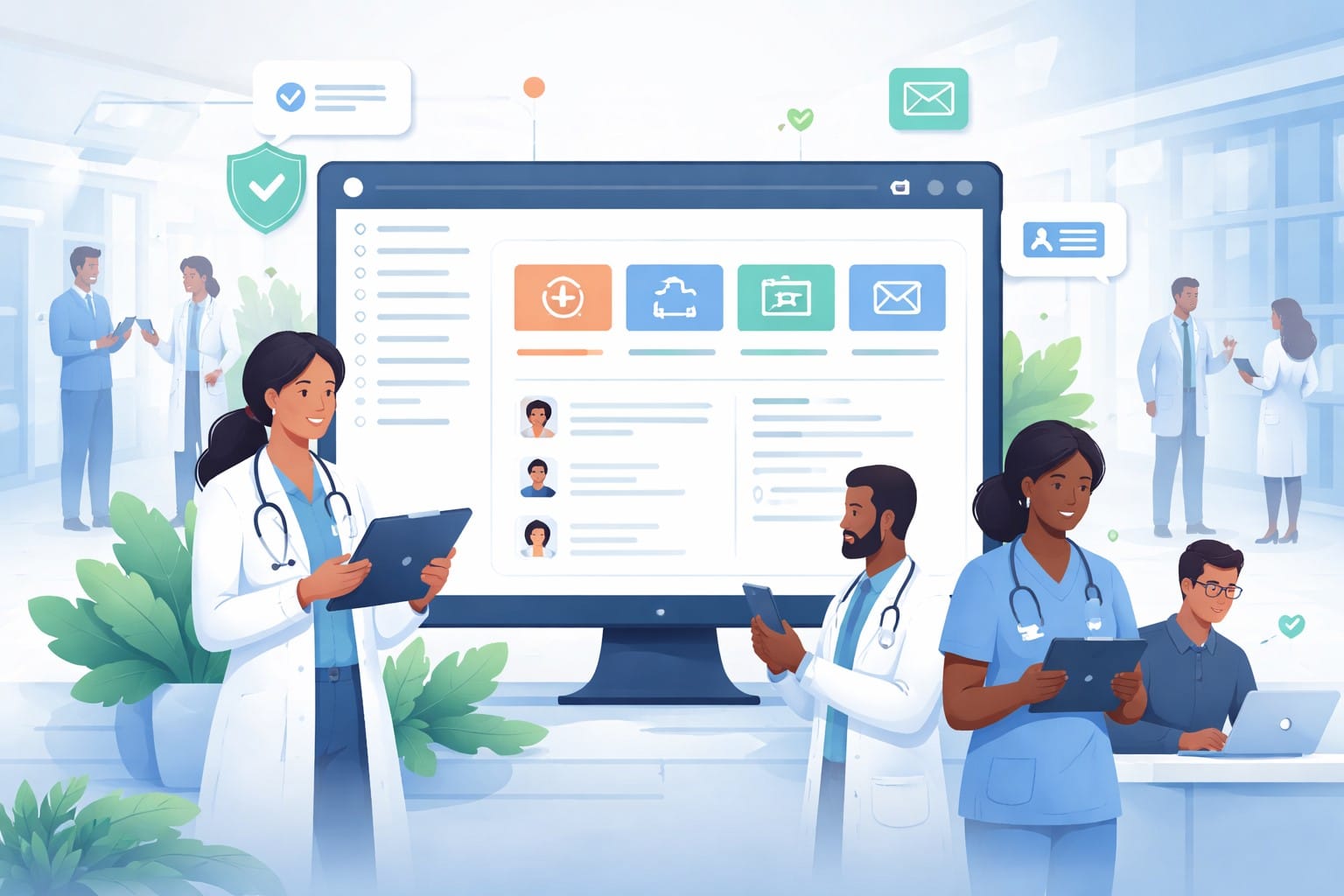 healthcare professionals using a digital dashboard showing how intranet in healthcare improves communication, collaboration, and information access.
