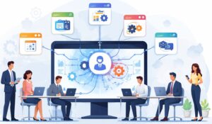 Employees collaborating around a digital platform with connected apps and tools representing intranet integration across workplace systems.