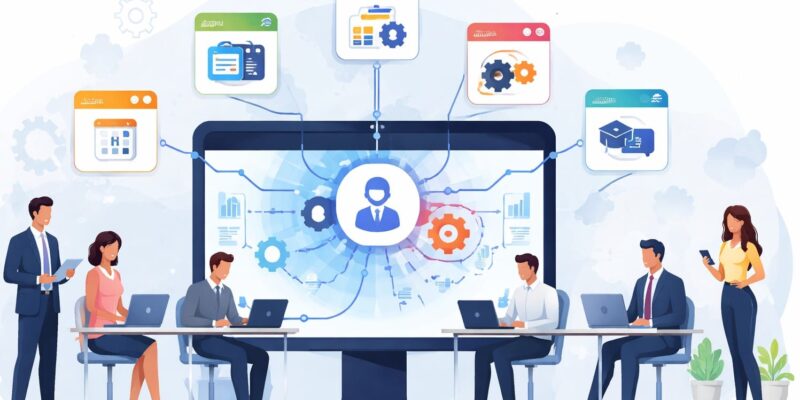Employees collaborating around a digital platform with connected apps and tools representing intranet integration across workplace systems.
