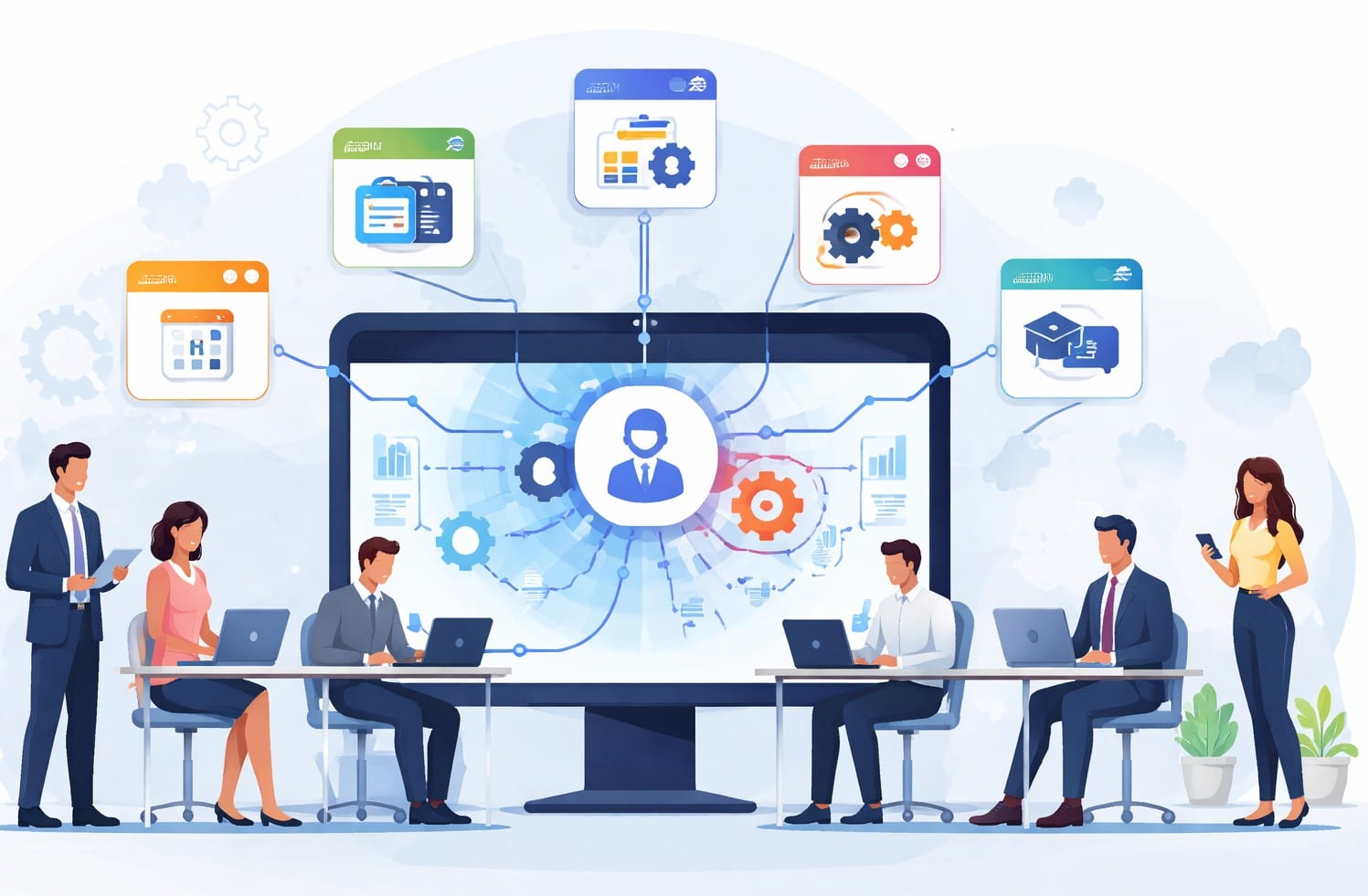 Employees collaborating around a digital platform with connected apps and tools representing intranet integration across workplace systems.
