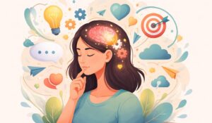 A women with thoughts, emotions, ideas, and self-awareness concepts surrounding in her mind indicating intrapersonal communication.