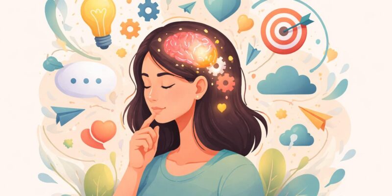 A women with thoughts, emotions, ideas, and self-awareness concepts surrounding in her mind indicating intrapersonal communication.