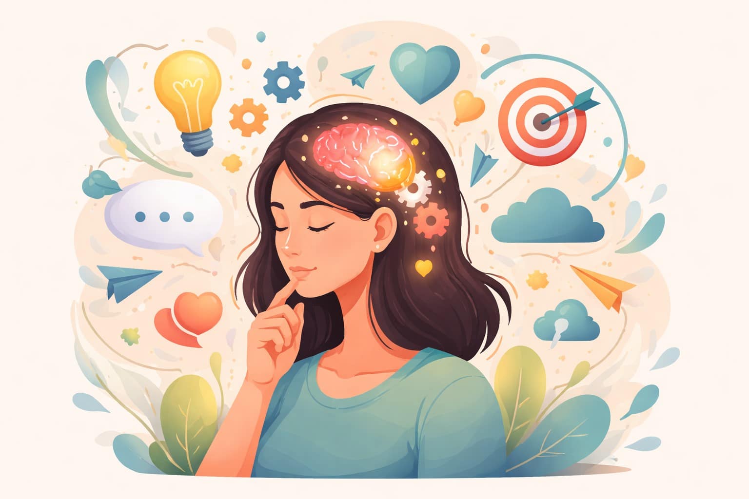 A women with thoughts, emotions, ideas, and self-awareness concepts surrounding in her mind indicating intrapersonal communication.