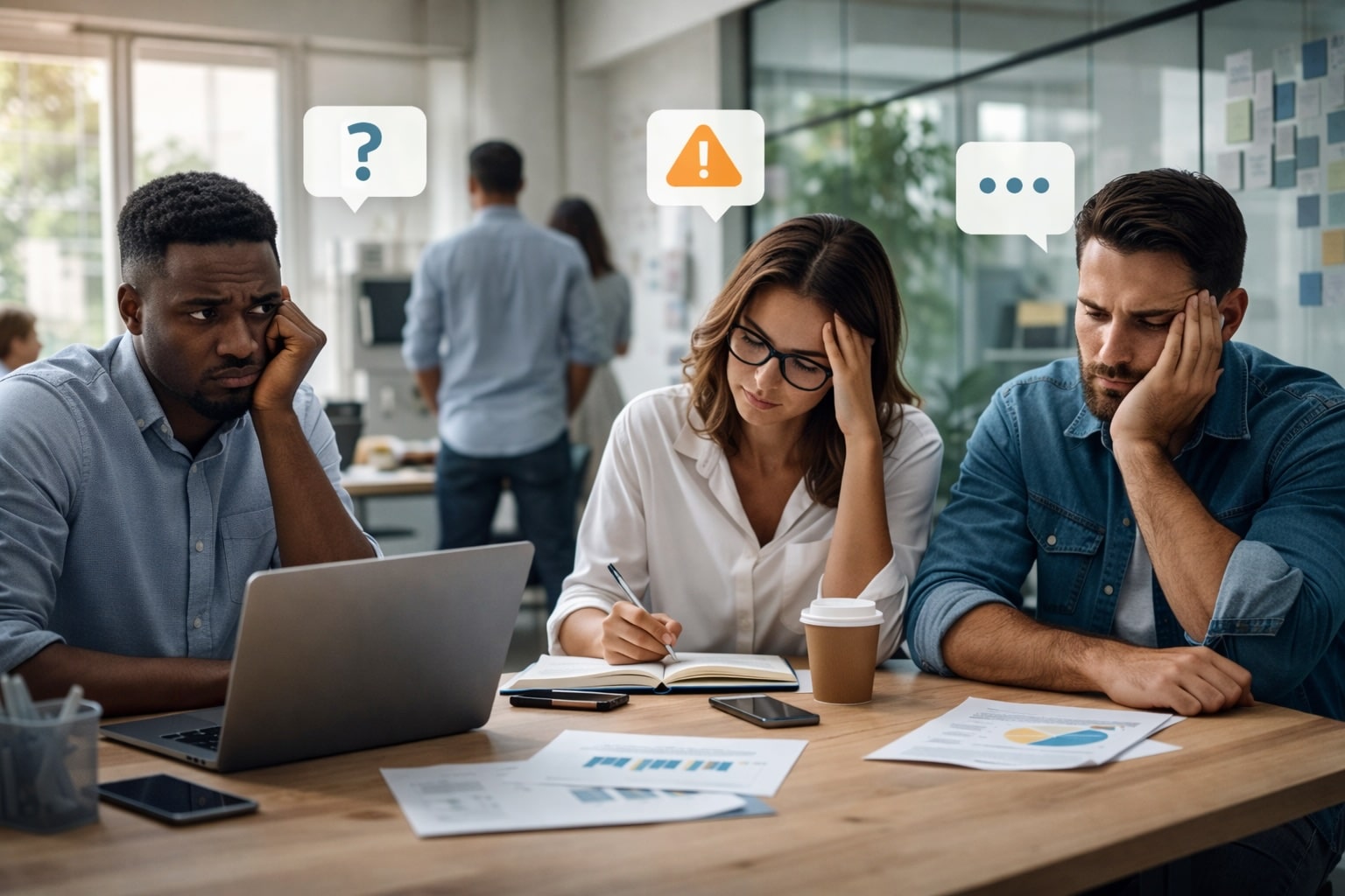Frustrated office team sitting around a table with laptops and documents, illustrating workplace lack of communication and confusion during collaboration.