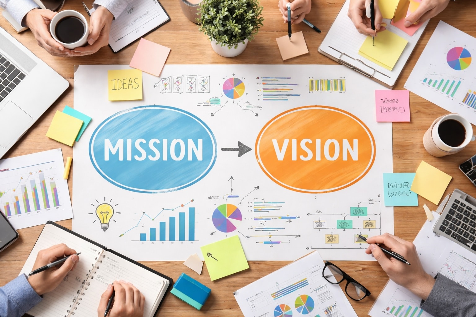 Team collaborating around a table with charts and sticky notes, highlighting a mission-to-vision strategy diagram.