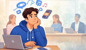 An employee using headphones during a meeting showing passive listening while others are interacting with each other.