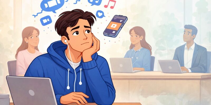 An employee using headphones during a meeting showing passive listening while others are interacting with each other.