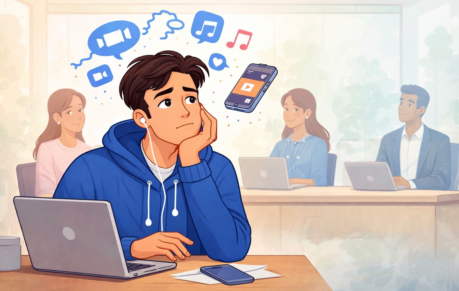 An employee using headphones during a meeting showing passive listening while others are interacting with each other.