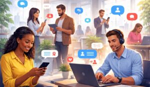 employees using mobile devices and laptops in an office to enable real time communication through messaging, notifications, and digital collaboration tools.