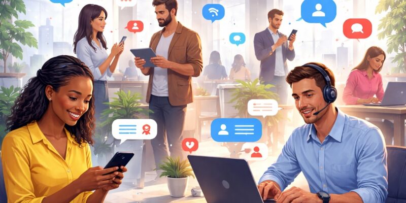 employees using mobile devices and laptops in an office to enable real time communication through messaging, notifications, and digital collaboration tools.